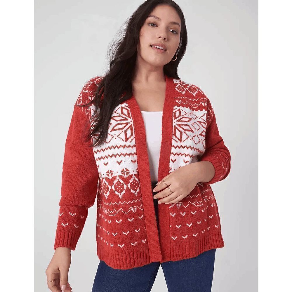 Lane Bryant Red White Nordic Classic Long-Sleeve Fair Isle Cardigan XL, NWOT
